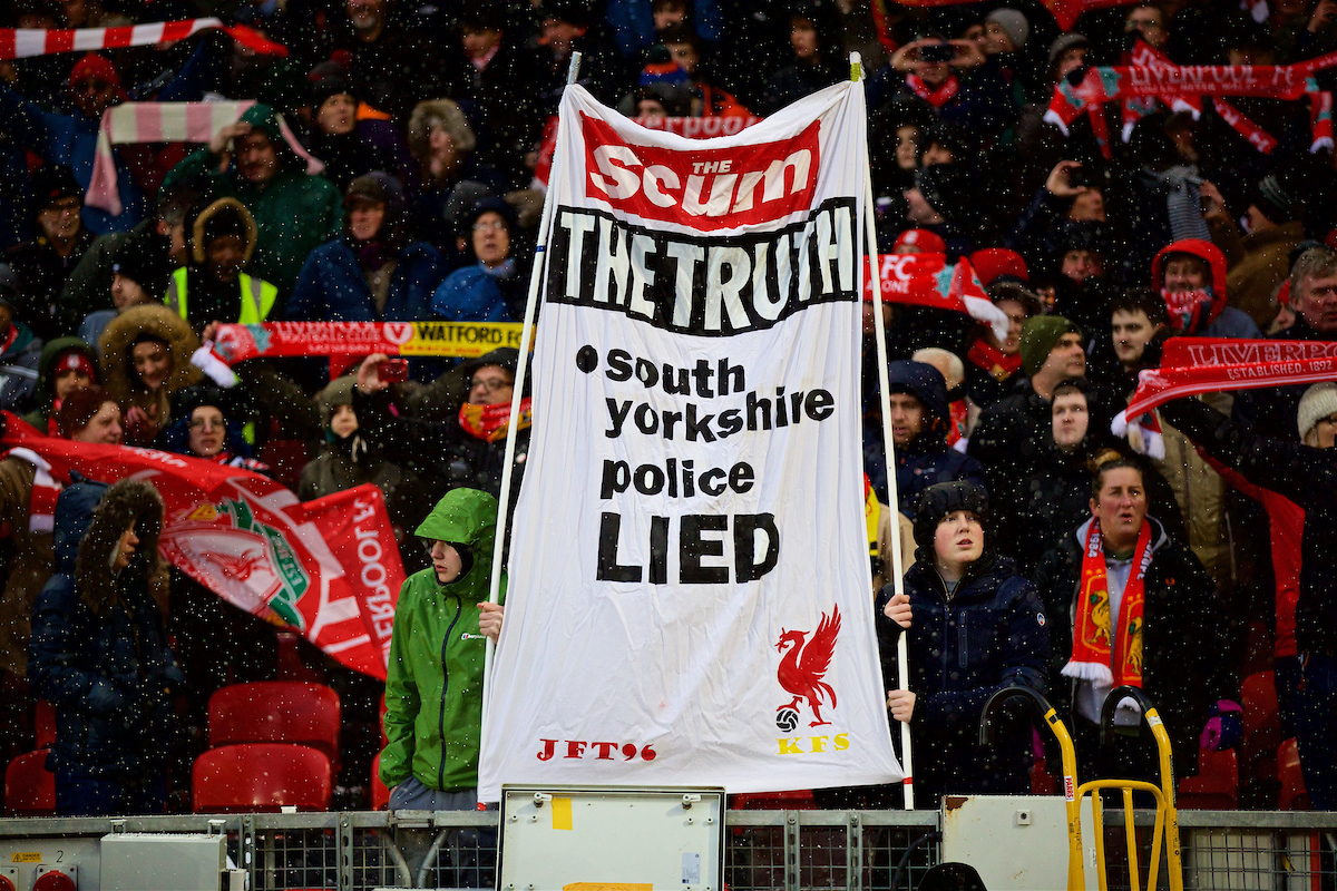 LIVERPOOL, ENGLAND - Saturday, March 17, 2018: Liverpool supporters' banner 'The Scum [The Sun newspaper] The Truth South Yorkshire Police Lied" during the FA Premier League match between Liverpool FC and Watford FC at Anfield. (Pic by David Rawcliffe/Propaganda)