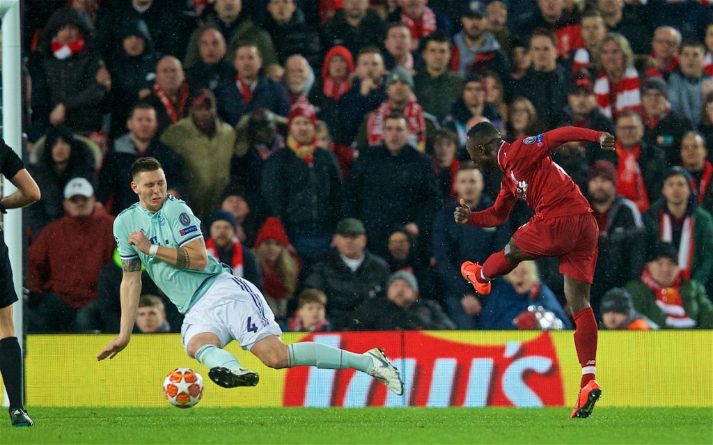 LIVERPOOL, ENGLAND - Tuesday, February 19, 2019: Liverpool's Naby Keita sees his shot blocked by FC Bayern Munich's Niklas Süle during the UEFA Champions League Round of 16 1st Leg match between Liverpool FC and FC Bayern München at Anfield. (Pic by David Rawcliffe/Propaganda)