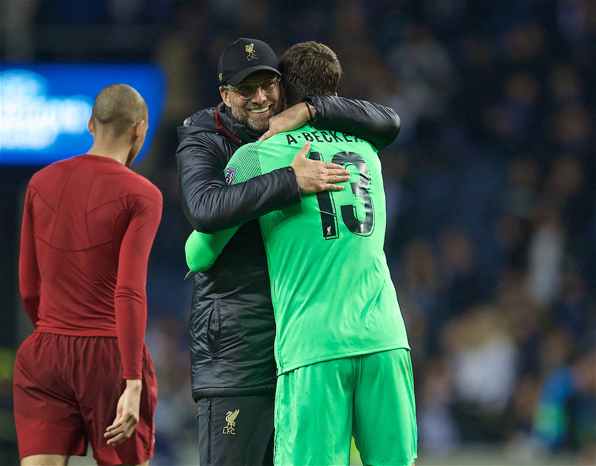 PORTO, PORTUGAL - Wednesday, April 17, 2019: Liverpool's manager Jürgen Klopp celebrates with goalkeeper Alisson Becker after the 4-1 (6-1 on aggregate) victory during the UEFA Champions League Quarter-Final 2nd Leg match between FC Porto and Liverpool FC at Estádio do Dragão. (Pic by David Rawcliffe/Propaganda)
