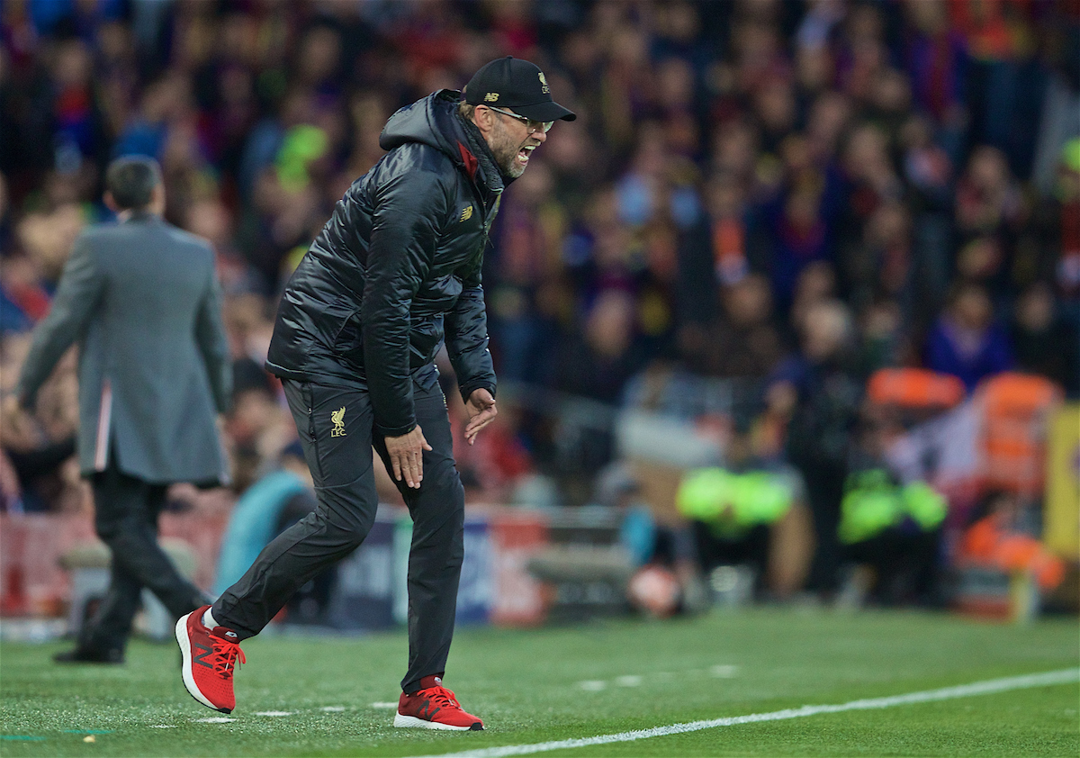 LIVERPOOL, ENGLAND - Tuesday, May 7, 2019: Liverpool's manager Jürgen Klopp reacts during the UEFA Champions League Semi-Final 2nd Leg match between Liverpool FC and FC Barcelona at Anfield. (Pic by David Rawcliffe/Propaganda)