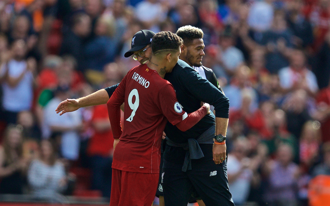 LIVERPOOL, ENGLAND - Saturday, September 14, 2019: Liverpool's manager Jürgen Klopp embraces Roberto Firmino after the FA Premier League match between Liverpool FC and Newcastle United FC at Anfield. Liverpool won 3-1. (Pic by David Rawcliffe/Propaganda)