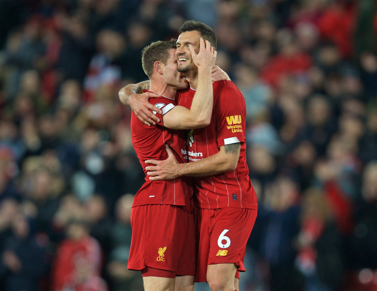 LIVERPOOL, ENGLAND - Sunday, October 27, 2019: Liverpool's James Milner (L) celebrates with Dejan Lovren at the final whistle during the FA Premier League match between Liverpool FC and Tottenham Hotspur FC at Anfield. Liverpool won 2-1. (Pic by David Rawcliffe/Propaganda)