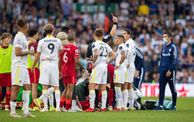 Leeds United's Pascal Struijk (R) is shown a red card and sent off during the FA Premier League match between Leeds United FC and Liverpool FC at Elland Road