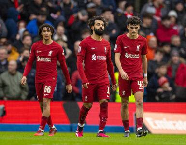 Liverpool's (L-R) Trent Alexander-Arnold, Mohamed Salah and Stefan Bajcetic look dejected as Brighton & Hove Albion score the equalising goal during the FA Cup 4th Round match between Brighton & Hove Albion FC and Liverpool FC at the Falmer Stadium